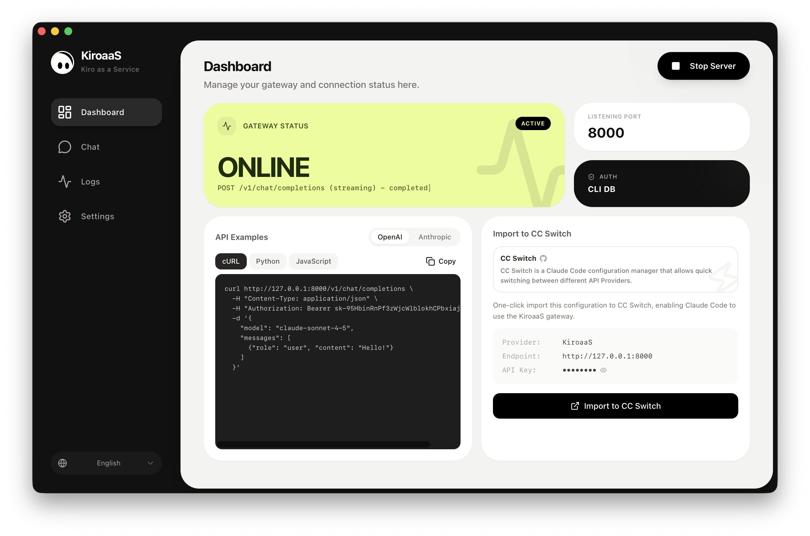 KiroaaS 应用界面,展示深色侧边栏导航、ONLINE 状态卡片(青柠渐变)和 API 配置选项